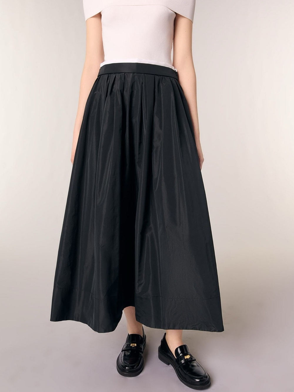 NWT Maje Juralu Black Full A-Line Pleated Midi Skirt Size 40 FR US Medium